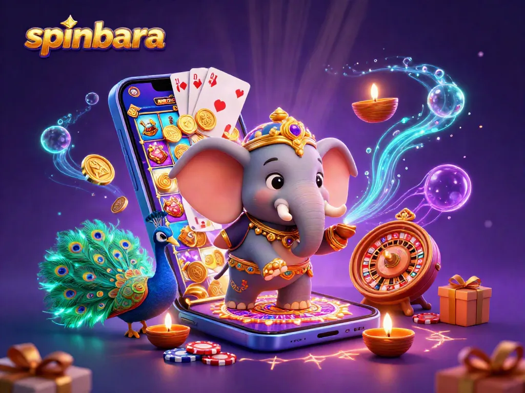 Spinbara illustrates an exciting casino scene with an elephant, peacock, and vibrant slot games.