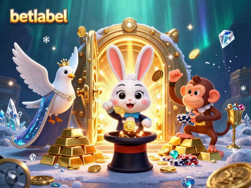 Engage with betlabel's thrilling gaming world as a rabbit magician reveals treasures, amidst vivid casino elements.