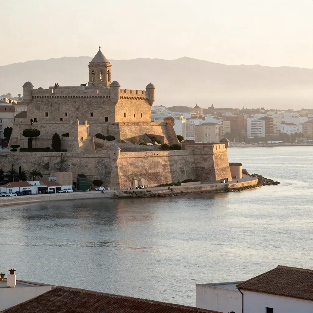 Castillo de Santa Bárbara sobre Alicante al amanecer, con el puerto en bruma dorada.