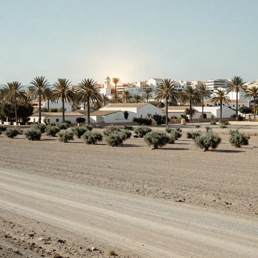 Palmeral de Elche sobre naves bajas y siluetas urbanas del Vinalopó, con cielo claro y calima suave.