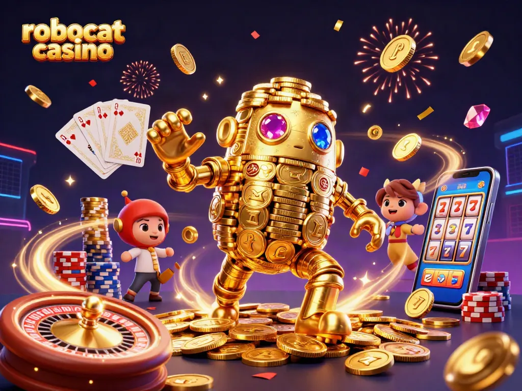 Win big at robocat casino with vibrant 3D slots, colorful poker chips, and engaging casino gameplay.